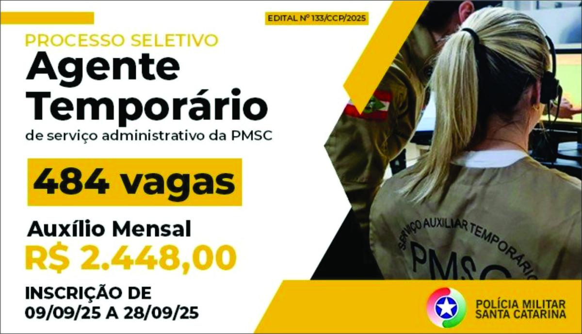 PMSC abre 484 vagas para agentes temporários, inclusive em Herval d'Oeste