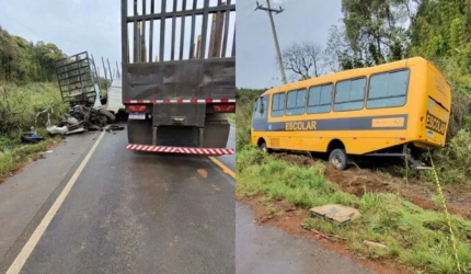 Acidente entre duas carretas e ônibus escolar deixa dois motoristas em estado crítico em Salto Veloso
